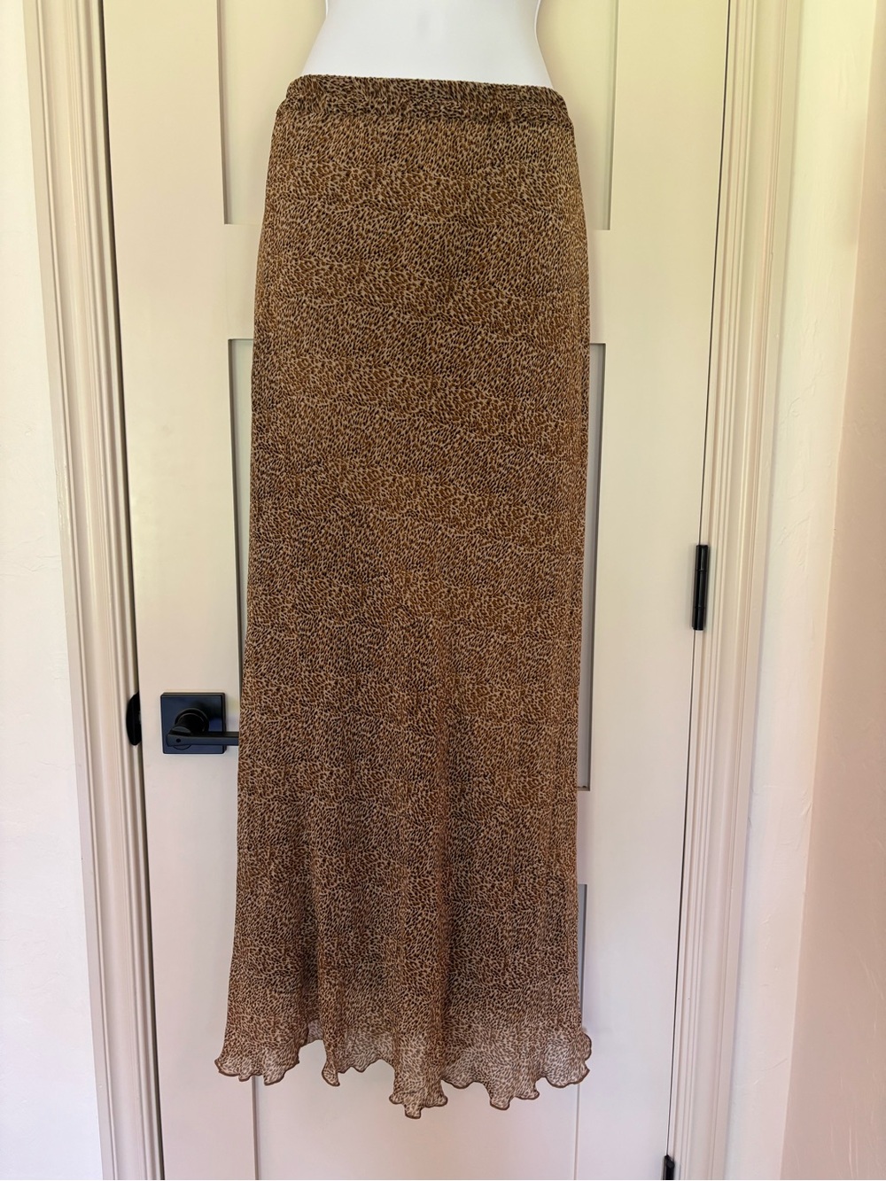 Silks by ISC 100% Silk micro-leopard print maxi ruffle hem Boho Y2K skirt sz L - Picture 2 of 6